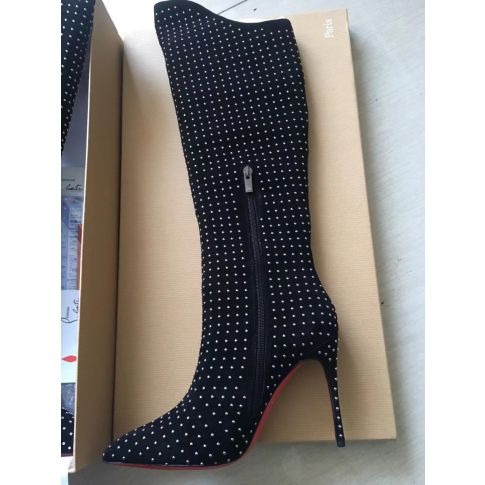 Cheap Christian Louboutin Alta Botta Plume Boots 100mm Suede Studded Black - Image 2