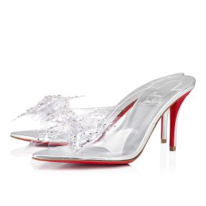 Cheap Christian Louboutin Aqua Strass 80mm Mules Pvc Iridescent Nappa Leather And Strass Silver