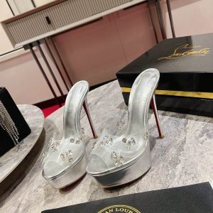 Cheap Christian Louboutin Degraqueen Alta Embellished Platform Mules 130mm Pvc Silver