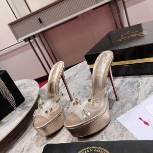 Cheap Christian Louboutin Degraqueen Alta Embellished Platform Mules 130mm Pvc Light Peach