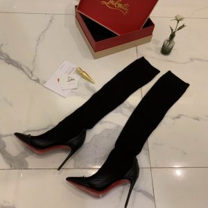 Cheap Christian Louboutin Dovi Dova Sock Booties 100mm Knee-high Boots Knit Fabric and Leather Black