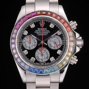 Replica Rolex Daytona Cosmograph Rainbow Crystals Bezel Stainless Steep Strap Black Dial 80250