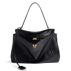 Knockoff Balenciaga Rodeo Large Bag Black Crocodile Embossed Calfskin