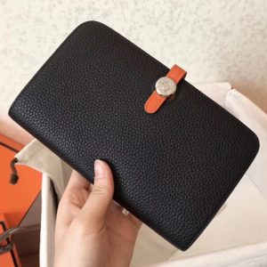 Black orange fake luxury Hermes Dogon duo wallet