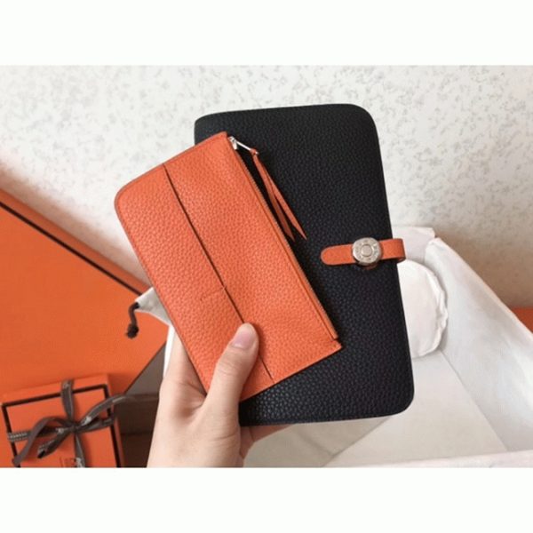 Black orange fake luxury Hermes Dogon duo wallet - Image 3