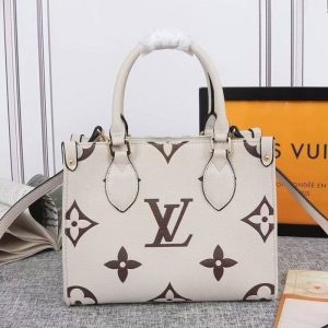 Louis Vuitton Bicolor Monogram Empreinte Leather Onthego PM Bag In Cream And Bois De Rose Pink